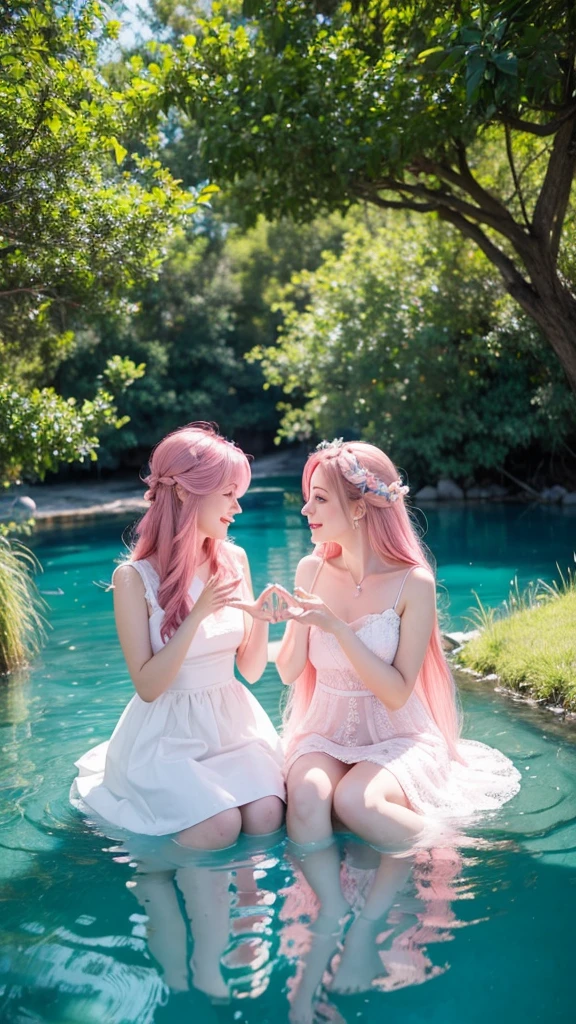 Two pink haired girls in white dresses making a heart with their hands , near a blue lake.
