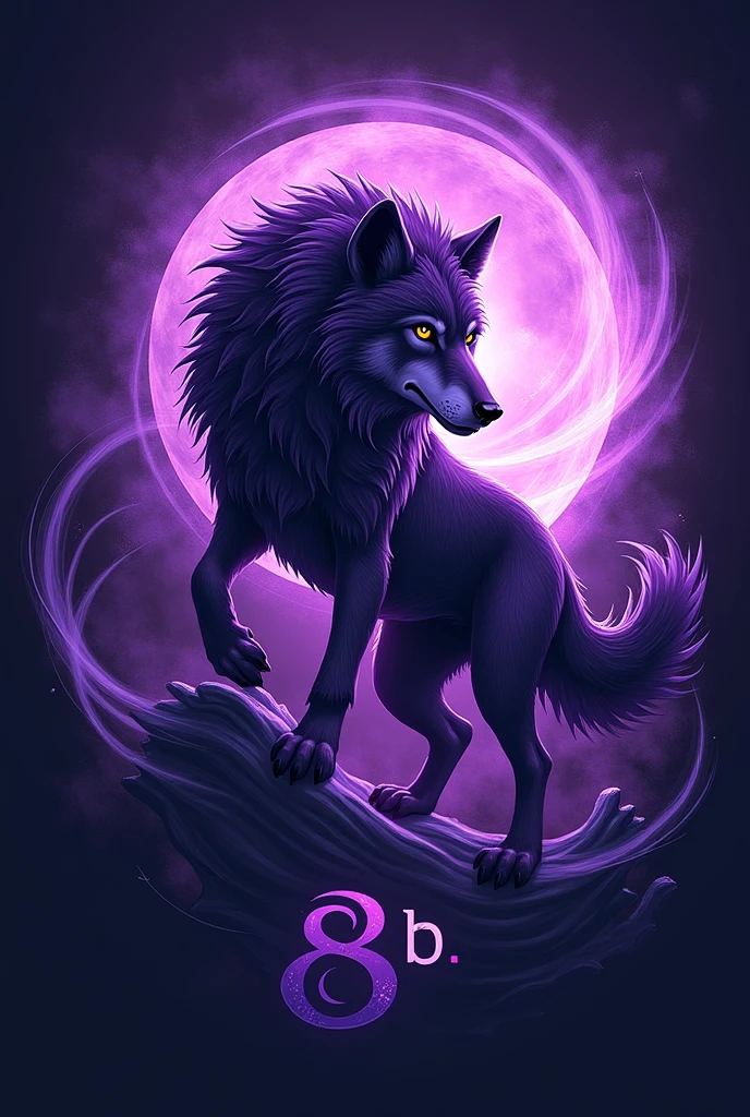 Create me a logo with a purple wolf, wind and the name "8 b"