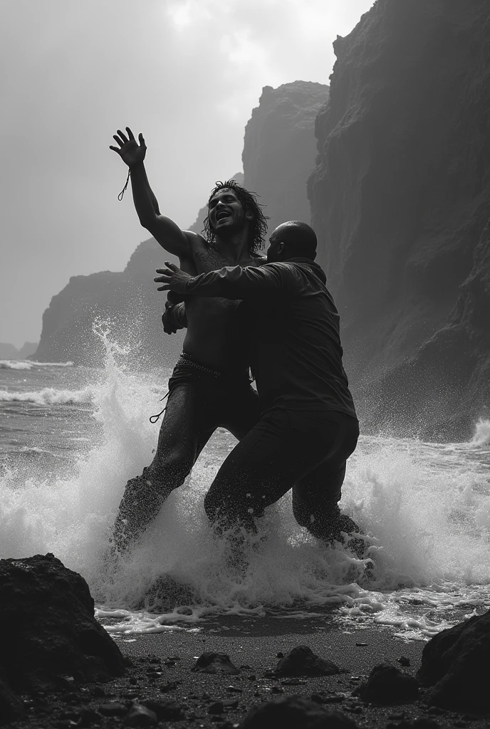 view of a naked 40 year old strong black man hugging the 50 year old man from behind as he screams in pain in a waterfall