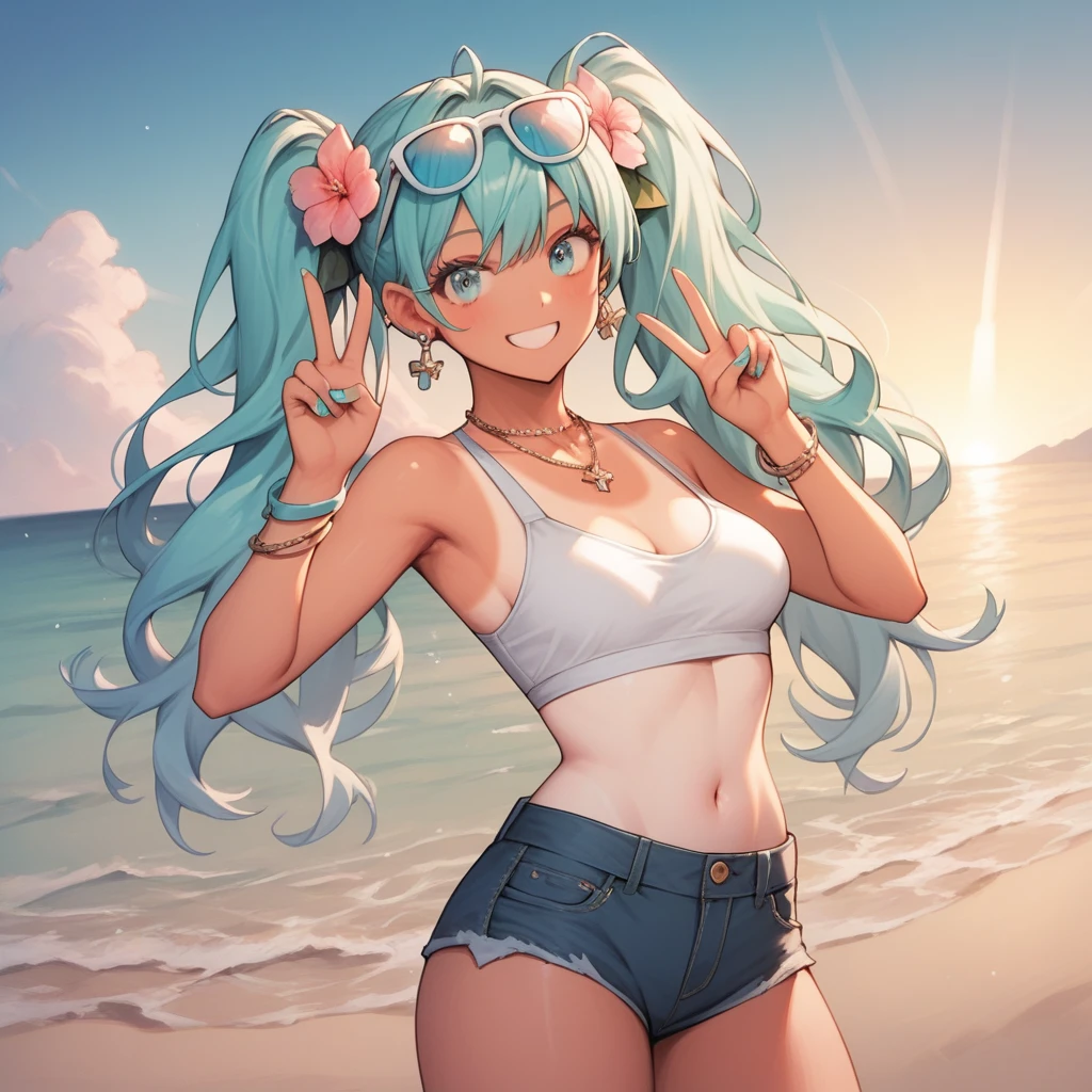 ((Masterpiece, best quality)), highres, highres, Female Body, Female Features, curvy_figure, standing, tan, (tanlines:1.3), 1girl, solo, standing, looking_at_viewer, smile, peace_sign, (aqua-hair, flower_hair, aqua-blue_eyes, eyewear_on_head, twintail, long_hairs, bangs, small_breasts, thighs), (cropped_tshirt, yellow_shirt, bare_shoulders, bra_straps, denim_shorts, square_earrings, aqua_nails, multiple_bracelets, necklace), sunset, outdoor, beach, sand, ocean, building_view, dropped_shadow