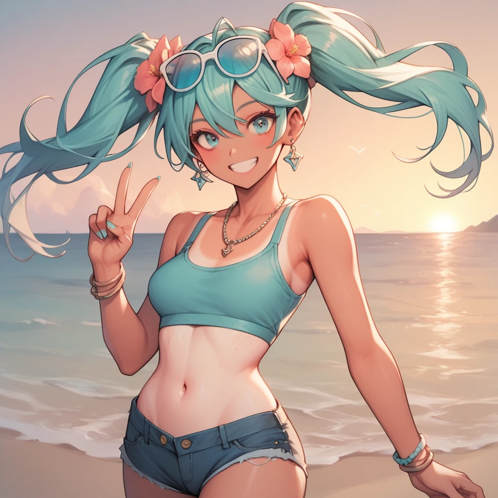 ((Masterpiece, best quality)), highres, highres, Female Body, Female Features, curvy_figure, standing, tan, (tanlines:1.3), 1girl, solo, standing, looking_at_viewer, smile, peace_sign, (aqua-hair, flower_hair, aqua-blue_eyes, eyewear_on_head, twintail, long_hairs, bangs, small_breasts, thighs), (cropped_tshirt, yellow_shirt, bare_shoulders, bra_straps, denim_shorts, square_earrings, aqua_nails, multiple_bracelets, necklace), sunset, outdoor, beach, sand, ocean, building_view, dropped_shadow