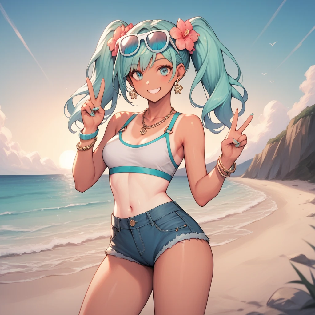 ((Masterpiece, best quality)), highres, highres, Female Body, Female Features, curvy_figure, standing, tan, (tanlines:1.3), 1girl, solo, standing, looking_at_viewer, smile, peace_sign, (aqua-hair, flower_hair, aqua-blue_eyes, eyewear_on_head, twintail, long_hairs, bangs, small_breasts, thighs), (cropped_tshirt, yellow_shirt, bare_shoulders, bra_straps, denim_shorts, square_earrings, aqua_nails, multiple_bracelets, necklace), sunset, outdoor, beach, sand, ocean, building_view, dropped_shadow