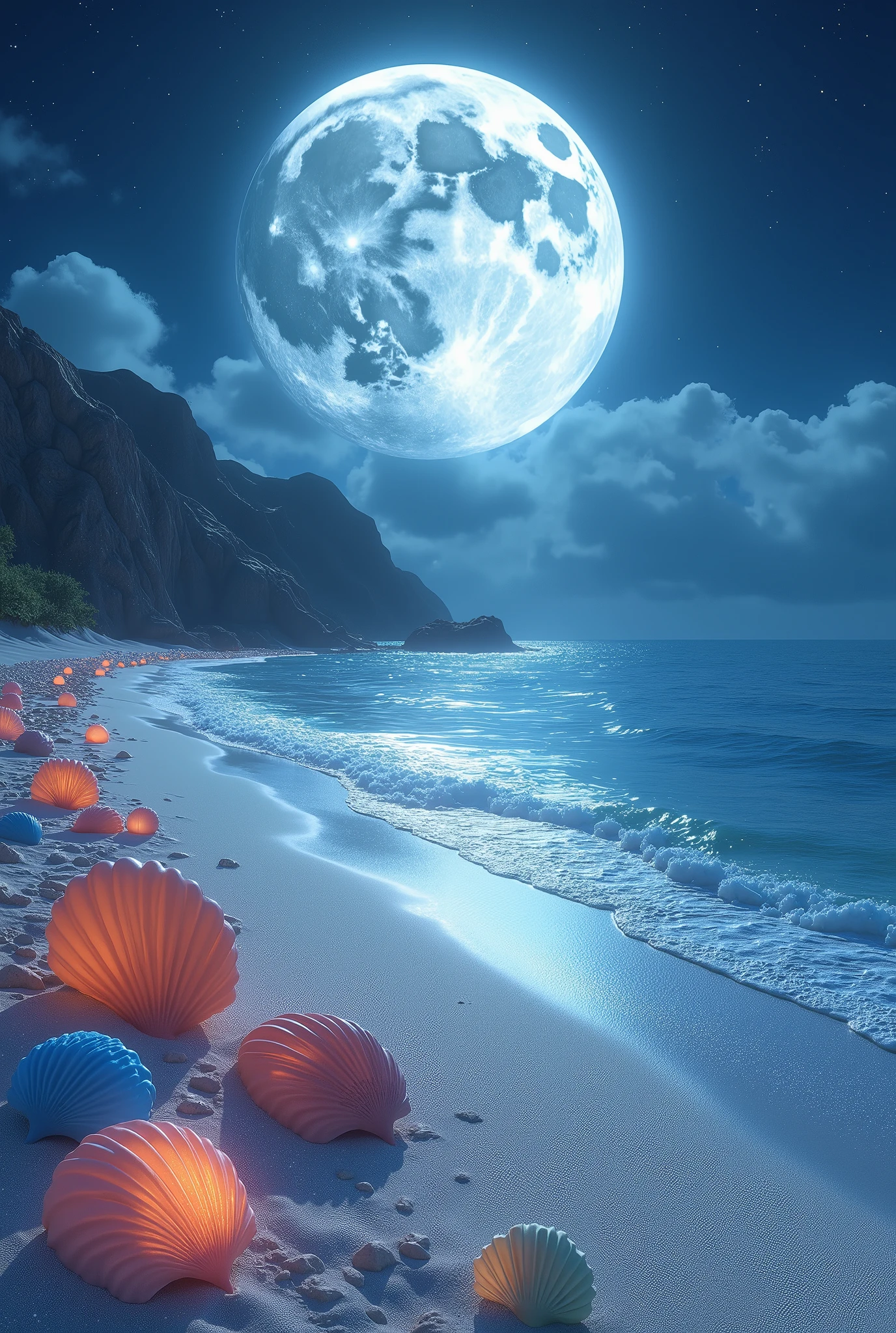 Imaginez une plage de sable fin, mais ce sable est d’un blanc scintillant, presque phosphorescent sous la lumière argentée d’une lune gigantesque et proche. La mer, d’un bleu profond, est si calme qu'elle ressemble à un miroir, reflétant parfaitement le ciel étoilé. De légères vagues s’échouent doucement sur le rivage, où d’énormes coquillages colorés reposent, émettant une douce mélodie marine qui apaise l'âme.