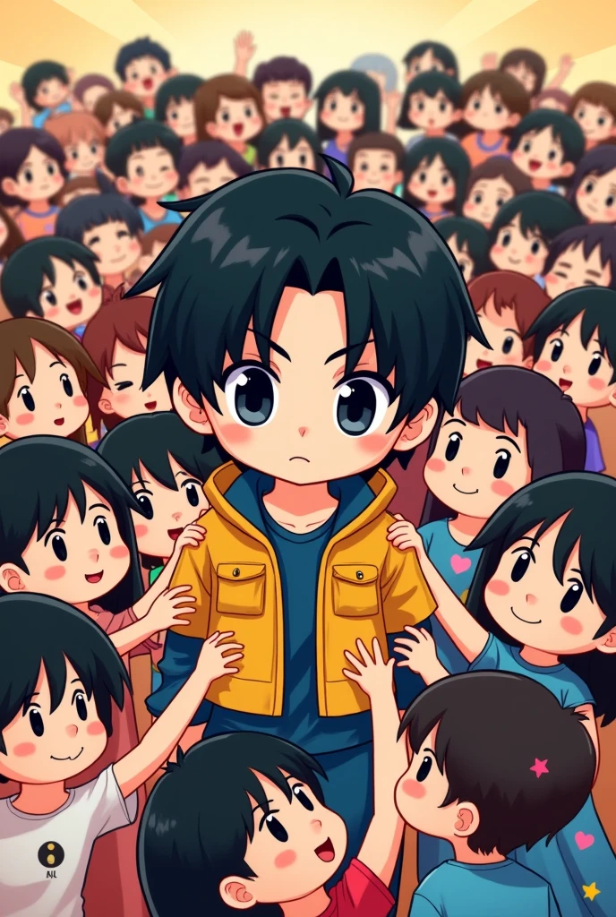BTS Suga with black hair and eyes protected and supported by his Latin American army fans cute chibi image