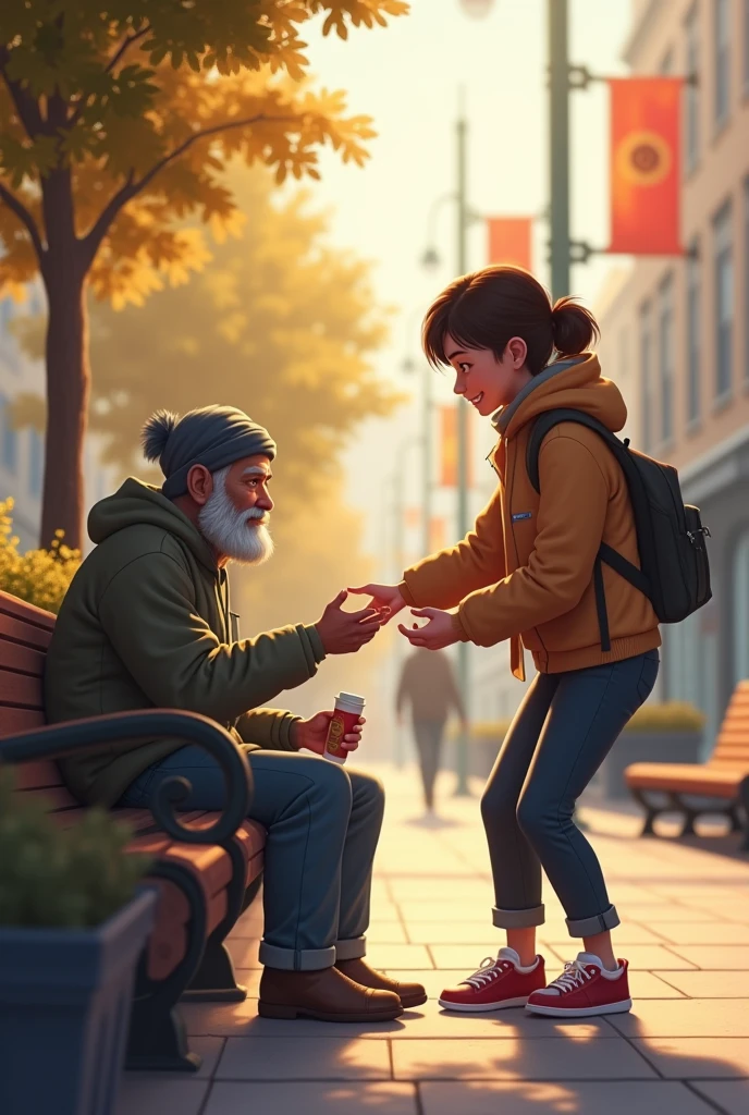 "Create a touching and compassionate image of a person helping a homeless individual by providing them with food or a blanket. Show the helper, who could be dressed in casual or modest clothing, offering a meal, a warm blanket, or a cup of coffee to the homeless person. The scene can take place in an urban environment, such as a street corner or park, with elements like benches, city buildings, or park benches in the background. The homeless individual should be depicted with a grateful or relieved expression, while the helper's face should show kindness and empathy. Use warm, natural lighting and soft colors to convey the caring and generous nature of the interaction, highlighting the human connection and the impact of their support."












