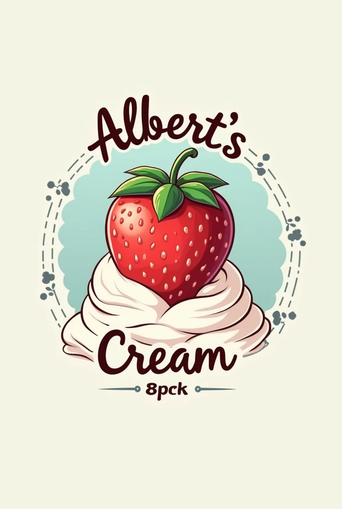 Logo for a strawberry and cream shop, with cold colors, what say "albert's cream" cute that has a nice strawberry in the middle