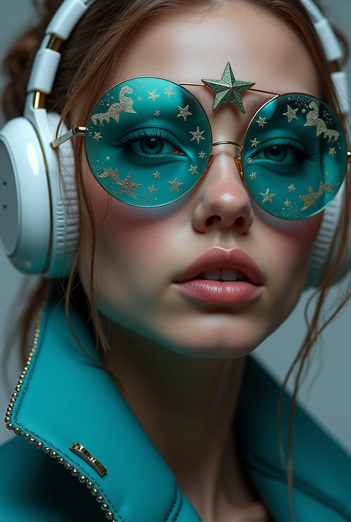 The model is wearing glass sunglasses with stars and the moon on the glass
With headphones