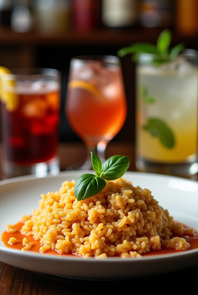 A photorealistic image of a plate of rice with a creamy sauce, with a few sprigs of basil on top, with four glasses of drinks in the background. The glasses are filled with different types of cocktails, including a dark and stormy, a vodka soda, a gin and tonic, and a margarita. The background is a blurry image of a cafe.