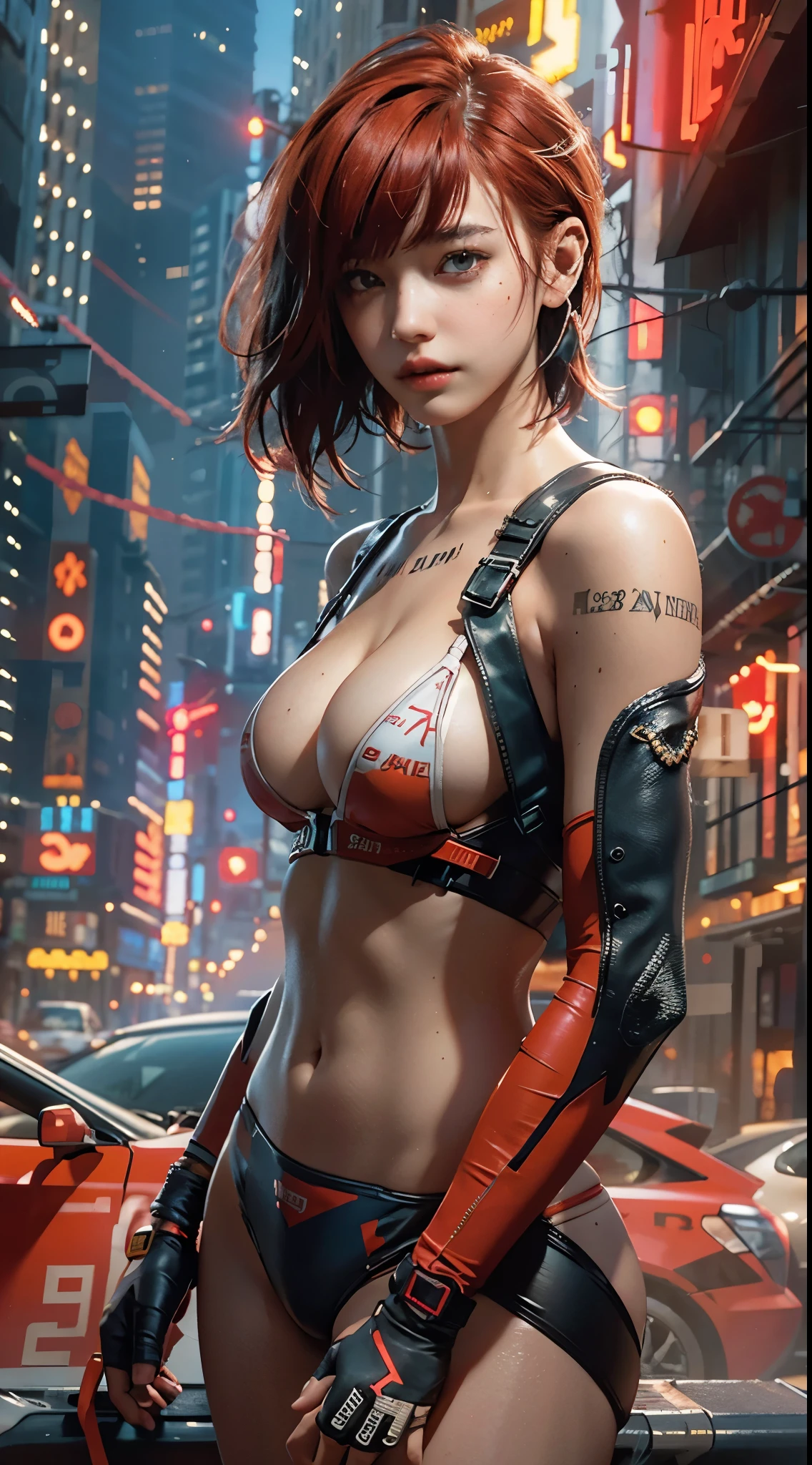 Best image quality, Excellent details, Ultra-high resolution, (Realism: 1.4), Best illustrations, Favorite Details, A very condensed one, Delicate and beautiful features, Wearing a red bikini, Short Bob Hair,Beautiful Hair,cyberpunk 2077, The background is a futuristic city high tech lighting scene.Radiant skin,Angel,I don't know how drunk