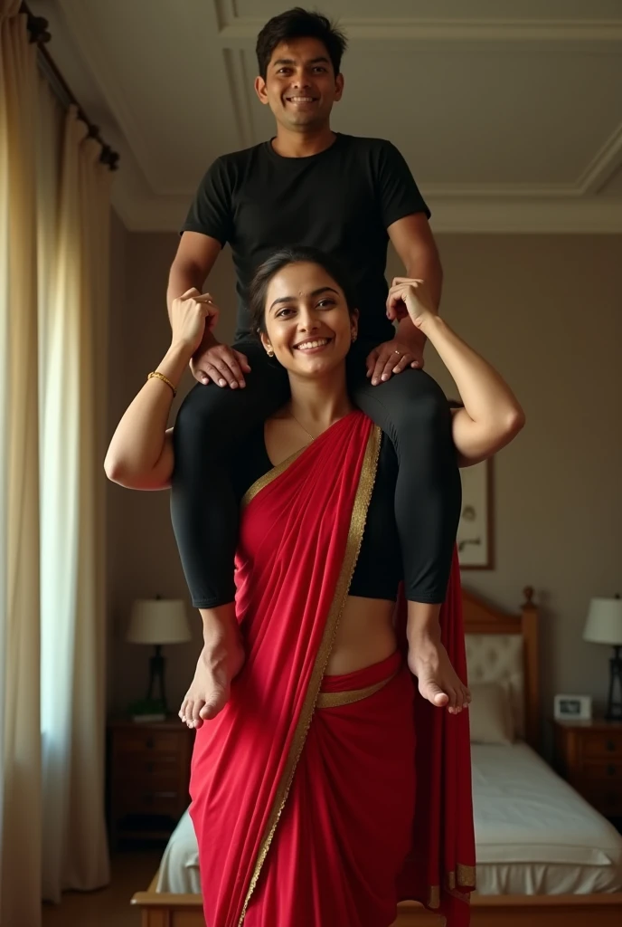 Beautiful and Slim Indian woman Aishwarya Rai in black blouse red saree , lifting a large chubby man above her shoulders, man is sitting on woman's shoulders, natural smile, in a bedroom with high ceiling , full body view
