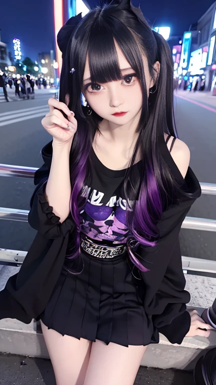 4K - ultra-vivid、highest quality, masterpiece, Ultra-high resolution, (reality: 1.4),  1 girl, Purple eyes, Cinema Lighting、purple and black hair、(Mine Girl、deep makeup)、(Earrings、lots of earrings、Oversized off-the-shoulder T-shirt、Dark mini skirt)、((Heavy makeup、Oilskin,Glowing Skin、Realistic skin texture、Fine and beautiful skin、Shiny skin)), Dark downtown at night、night、blue film photography、Kabukicho、(Full Shot:1.8)、Thin legs、Thin arms、Narrow shoulders、Narrow waist、Slender body、, whole body、(Room light:-0.8)