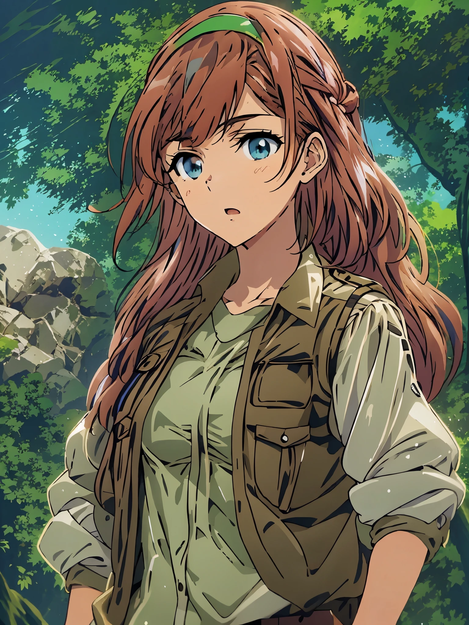 8k, Highly Detailed, Masterpiece, source_anime, best quality, beautifully detailed eyes and beautifully detailed hair, 1girl, solo, Anime-style character illustration set against a solid black background. The character is a young woman with fair skin, long reddish-brown hair, and green eyes. She is wearing a green headband, a light grey long-sleeve shirt, and a brown utility vest with multiple pockets. Her outfit includes brown cargo pants with black straps and black combat boots. The character's facial expression is neutral, and she stands with one hand resting on her hip, exuding a confident and composed demeanor,  The background is a lush, green forest with a bright blue sky and fluffy white clouds, creating a vibrant and lively atmosphere.