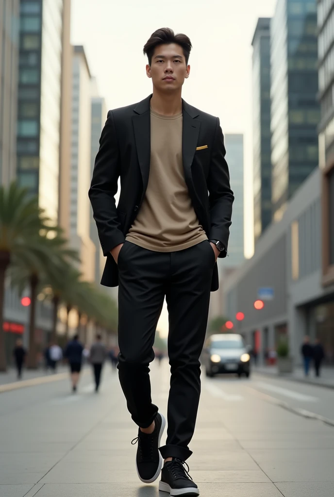 Homem magro com look: khaki t-shirt, Black jacke, black pants and black sneakers