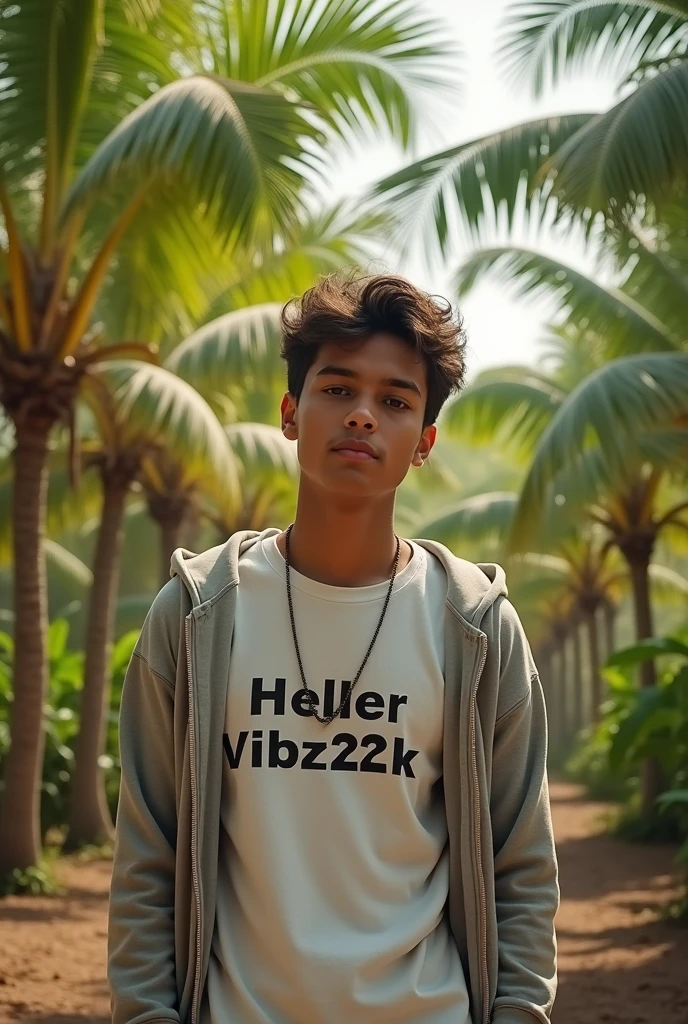 A young man wearing a shirt a HELLER VIBZ22K name on the shirt with hoody standing under the coconut plantation