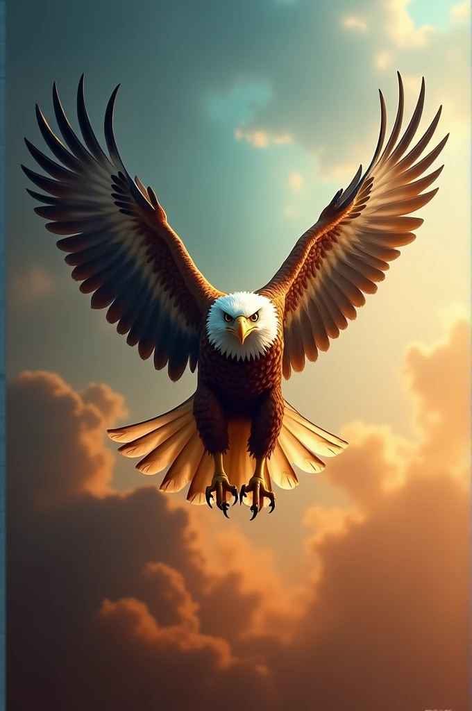 Beautiful eagle, front view, fly, wing span, smoky orange blue background,