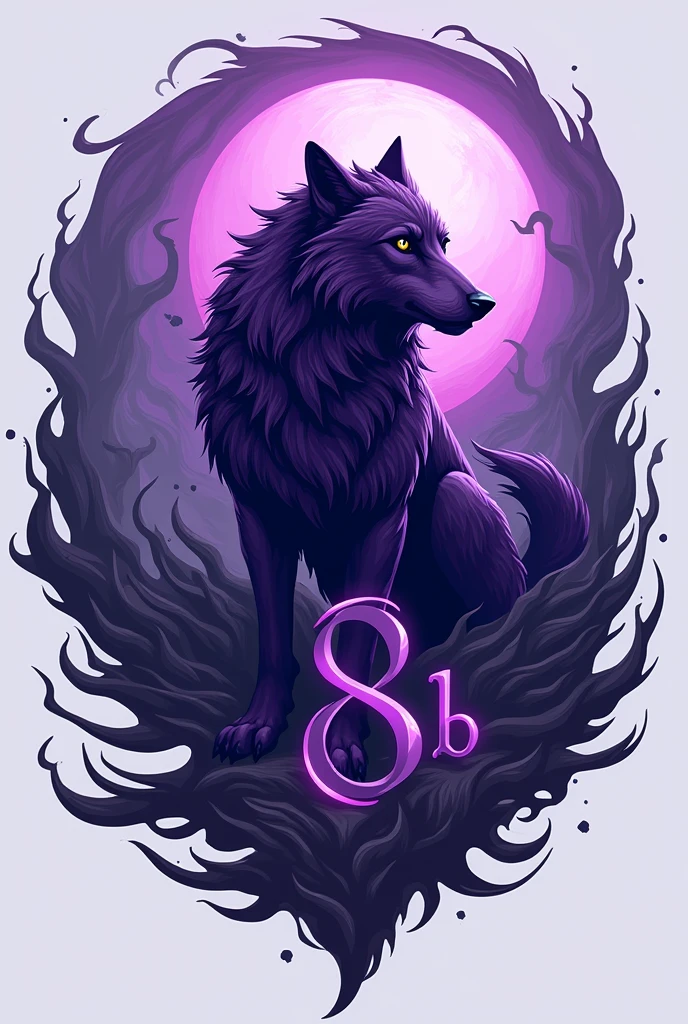 Create me a logo with a purple wolf, wind and the name "8 b"