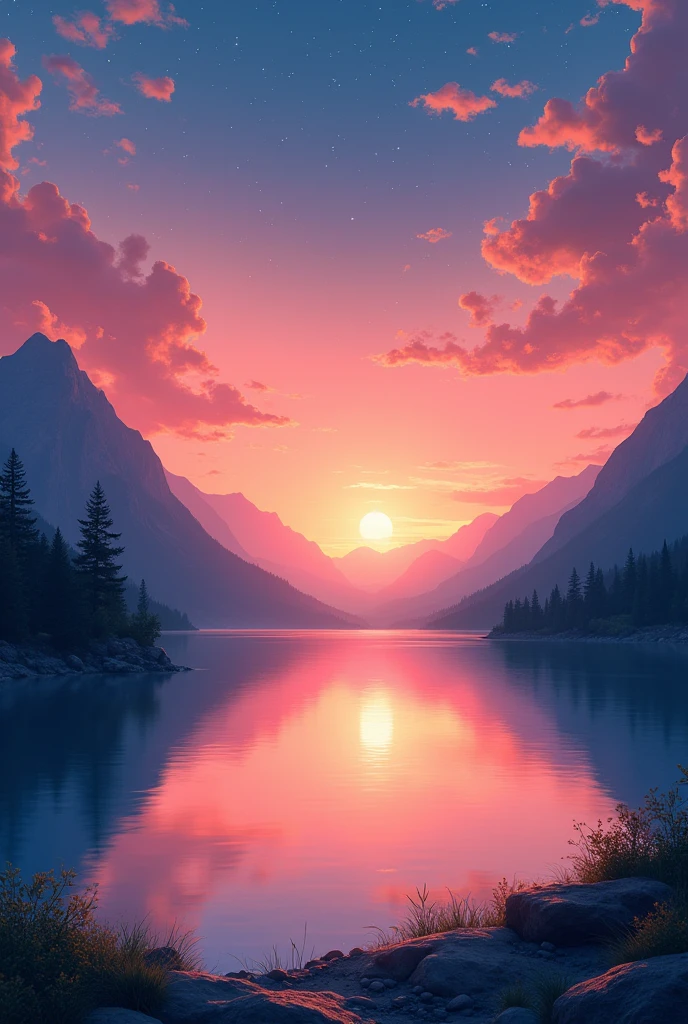 Viral anime nature wallpaper in 4K quality, in the style of photography with a 35mm lens inspired by Makoto Shinkai, capturing a breathtaking sunset over a tranquil lake, the sky painted in hues of orange and pink, with a silhouette of mountains in the background; warm and serene color temperature, cosmos lighting with stars twinkling in the sky, no human characters, the atmosphere is peaceful and reflective --v 5 --stylize 1000