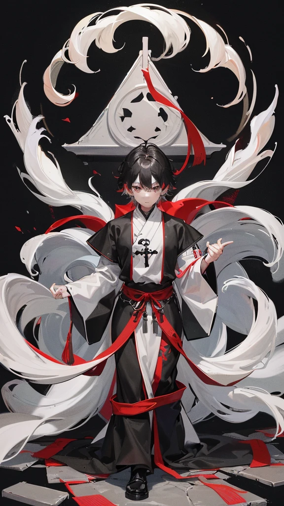 a Korean priest man with short messy white hair with black highlights, gray eyes, piercing look, strong body tattoos, dark cement wall background, with red lettering a drawing of a ,wearing a red and black knee-length tunic and wide clerical, It's with your hands together praying looking up, facing to the side ,manhwa oc anime panel
