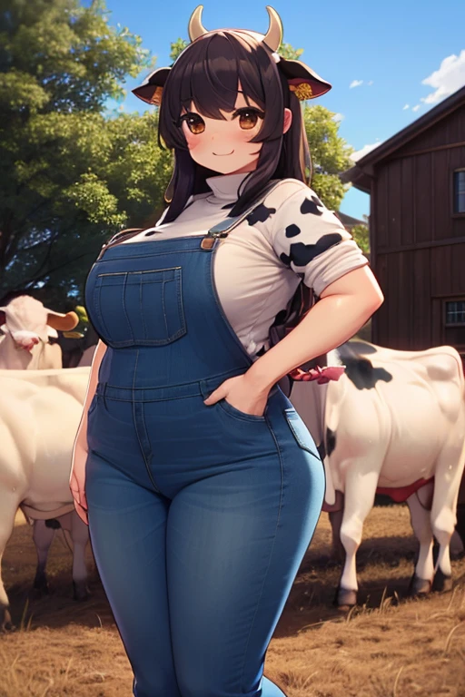 Plump, big breasts, black hair, brown eyes, chubby, smile, (cow girl Kemonomimi: 1.5), blue jeans overalls, longer hair, anime, plump belly, multiple sets of human breasts,