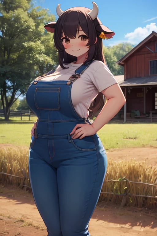 Plump, big breasts, black hair, brown eyes, chubby, smile, (cow girl Kemonomimi: 1.5), blue jeans overalls, longer hair, anime, plump round belly, standing outside, standing in front of a farm house,