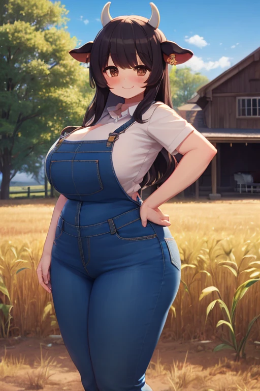 Plump, big breasts, black hair, brown eyes, chubby, smile, (cow girl Kemonomimi: 1.5), blue jeans overalls, longer hair, anime, plump round belly, standing outside, standing in front of a farm house,