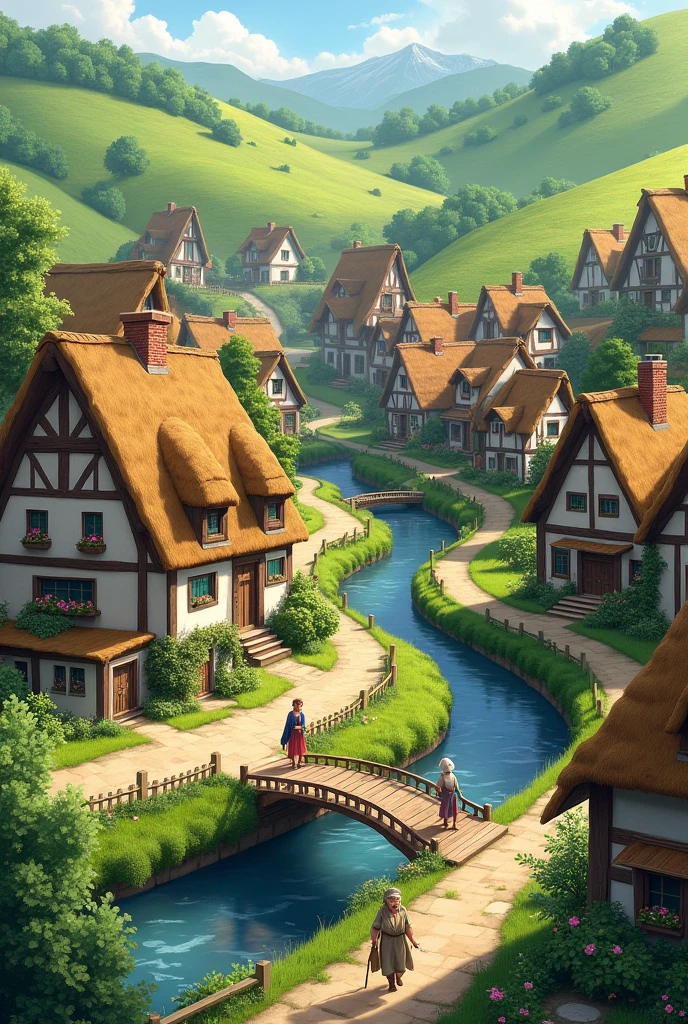 **Beautiful Village Setting**: Illustrate a picturesque village with green fields, small houses, and a serene atmosphere.