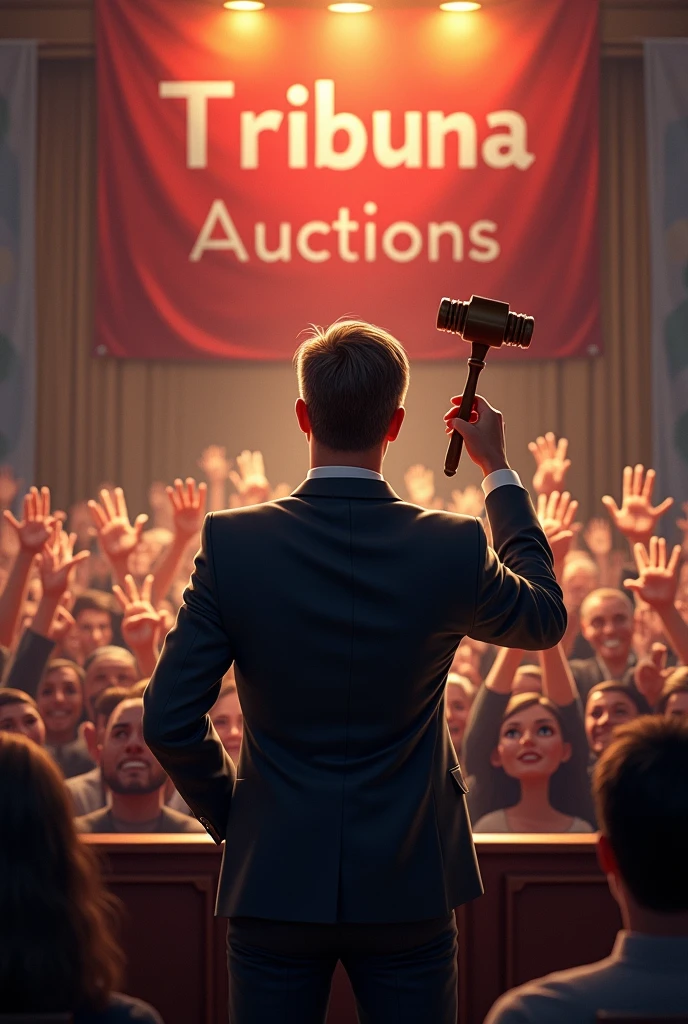 An auctioneer in a suit and tie, standing backwards, with a judge's gavel held high, with a crowd with their hands raised, and a banner written "Tribuna Auctions"