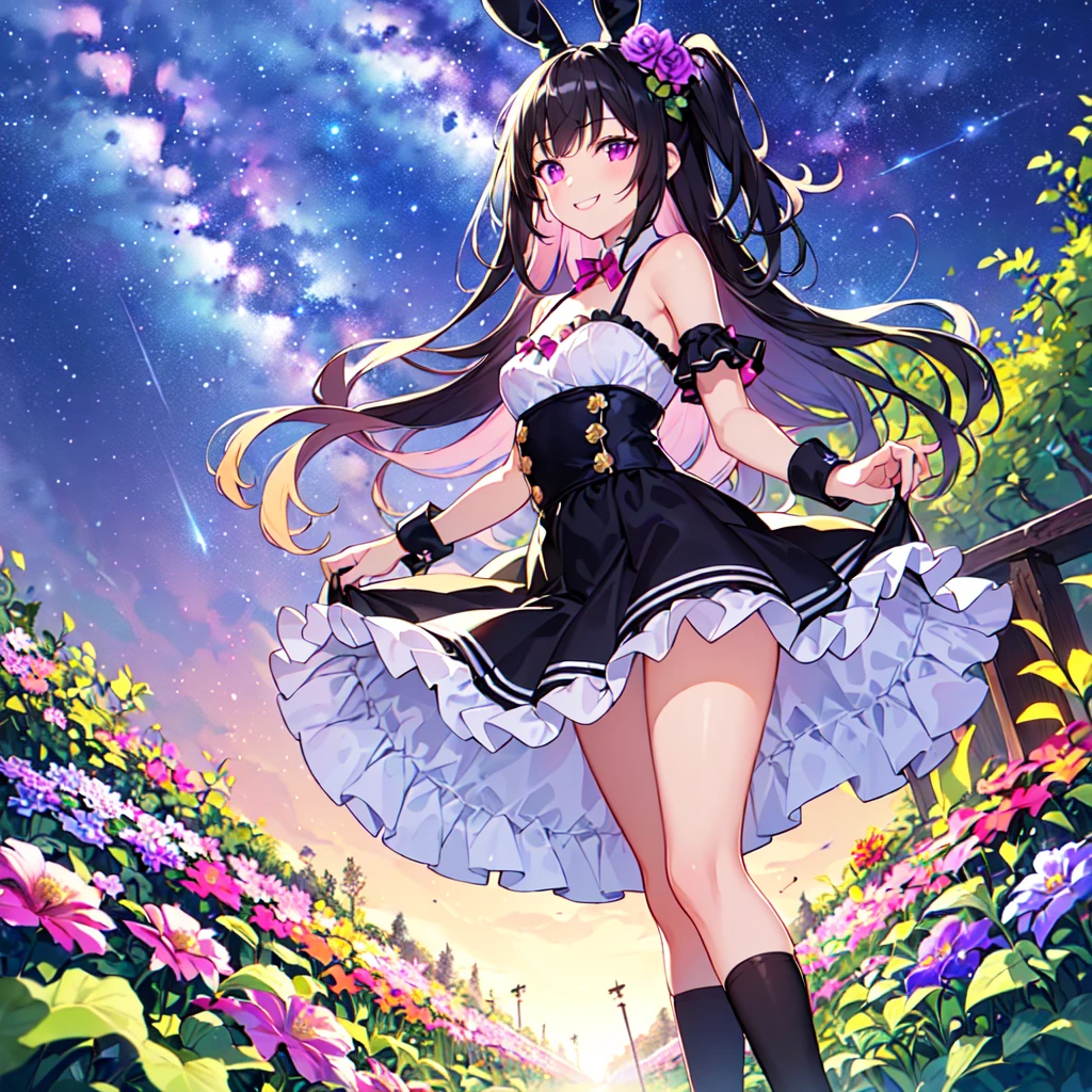 masterpiece, best quality, high quality, extremely detailed, very delicate and beautiful, (1female 18years old solo:1.5) , (two-side up long black hair:1.5), bangs to eyebrows, eyes (eyes sharp, strong and glossy, eyebrows glossy, (eye color magenta:1.3), 6.5 head height, (bunny girl:1.3), knee socks, (smiling), (standing:1.3), (dynamic pose), (background summer flower garden :1.3) , (Milky Way Night Sky: 1.3)