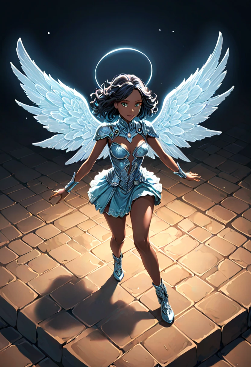 A young 15- yr old native European girl with lovely charminvg face,(dark skin texture masterpiece), (perfect full body detailed anatomy), (Super accessories detailed), (meditating ), (perfect detailed glowing bright eyes),(short ponytail illuminating blue crystalized hair),Wearing transparent costume of an angel,holding a treasure septer & shield, illuminating different lights covers the sorrounding atmosphere Has beautiful large white wings, The character solemnly praying