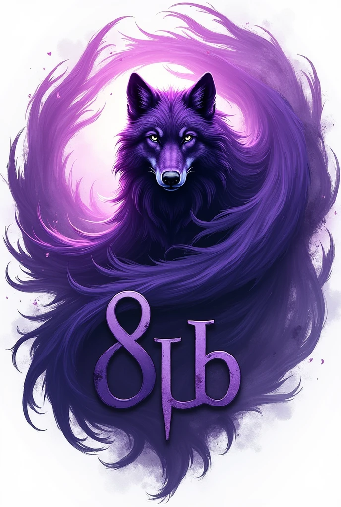 Create me a logo with a purple wolf, wind and the name "8 b"