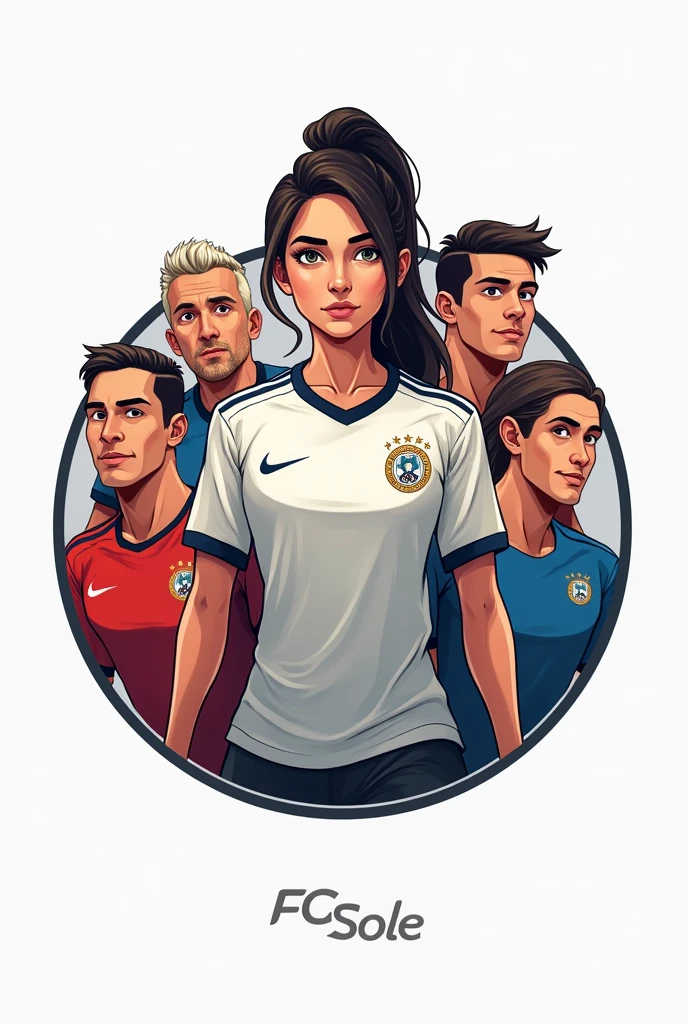Create a logo for a soccer team called FC Sole that has a girl in the middle and all men around her and that can be put in a WhatsApp group.