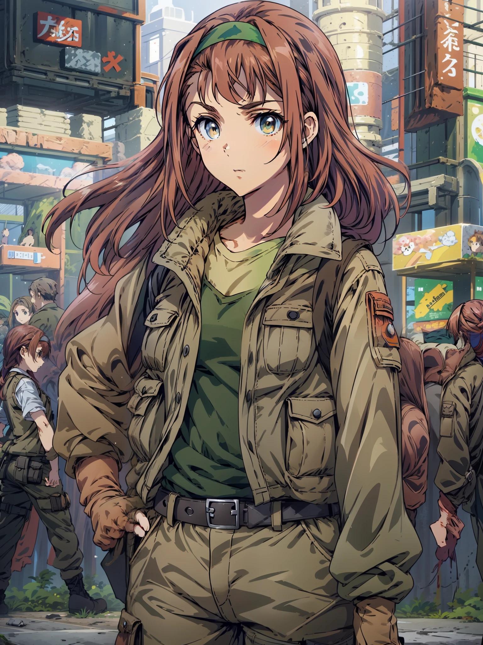 8k, Highly Detailed, Masterpiece, source_anime, best quality, beautifully detailed eyes and beautifully detailed hair, 1girl, solo, Anime-style character illustration set against a solid black background. The character is a young woman with fair skin, long reddish-brown hair, and green eyes. She is wearing a green headband, a light grey long-sleeve shirt, and a brown utility vest with multiple pockets. Her outfit includes brown cargo pants with black straps and black combat boots. The character's facial expression is neutral, and she stands with one hand resting on her hip, exuding a confident and composed demeanor, background is arbitrary