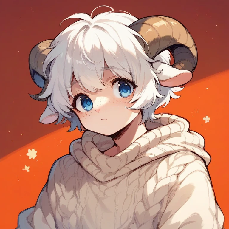 Cute sheep boy white hair blue eyes sweater freckles boy, Beige sweater, little sheep horns and ears, fluffy white hair