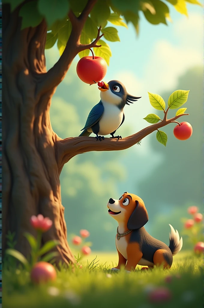 Need 3d animation style_The bird sitting on a tree branch, enjoying a sweet fruit, while the dog looks up at it from the ground, feeling hungry