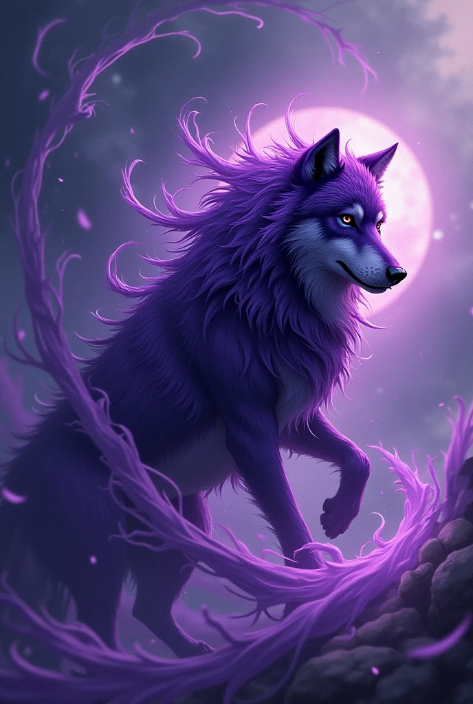 Create me a logo with a purple wolf, wind and the name "8 b"