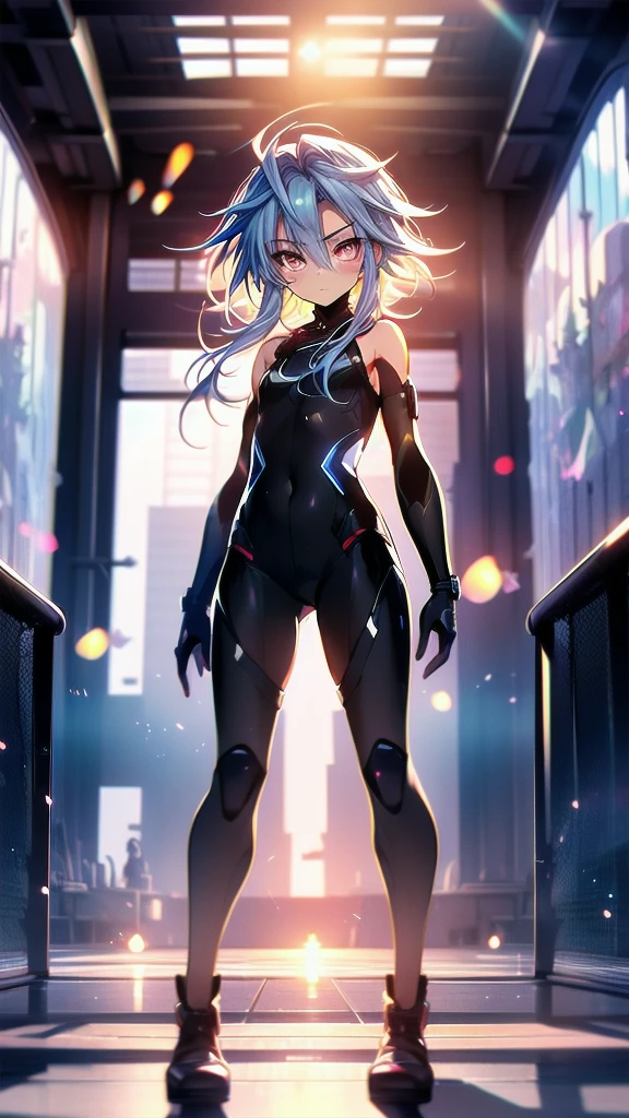 Highest quality，white heart，1girl，blue hair，red eyes，short hair with long locks，bare shoulders，symbol-shaped pupils，white bodysuit，elegant, 1 person, cute, Blushed, Looking at the audience, From below, prison，Beautiful Eyes, Beautiful background, Particles of light, Light of the sun, Dramatic lighting, outside, Shiny, Realistic, Highest quality, Very detailed, Get used to it, scenery, Beautiful and detailed, Thin Hair，Full Body Shot，