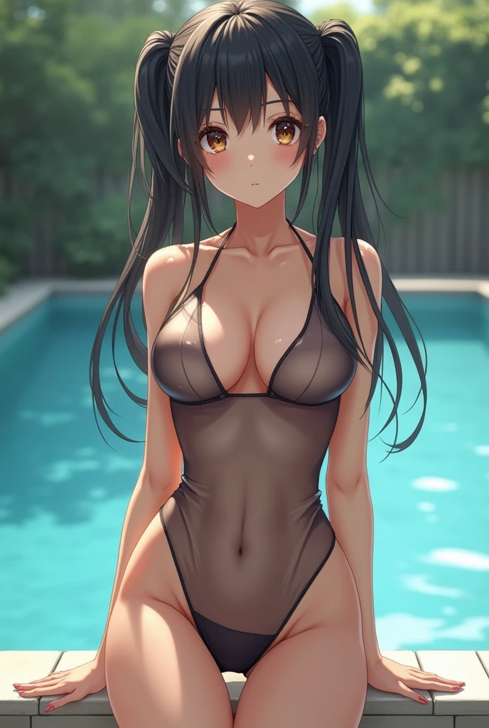 mastute piece,Best Quality,insanely detailed,8k cg,nsfw,
(shoot upper body:1.3),
(1girls:1.3),、Short、standing,looking at viewr,body in front,both arms behind back,(transparent white school swimsuit,bare breasts:1.4,bare crotch:1.4),
break,
blush,shy,(trembling:1.2),(White Hair),Medium-long hair、
break,
perfect breasts,perfect teats,(open mouth:0.9),(large breasts:1.3),
(Poolside)、