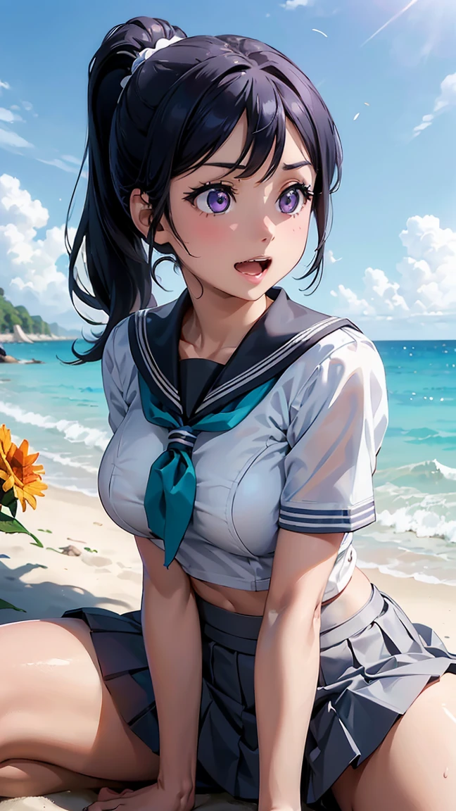 kanan matsuura, blue hair, long hair, ponytail, (purple eyes:1.1), sidelocks,aqua neckerchief, grey sailor collar, grey skirt, miniskirt, neckerchief, pleated skirt, sailor collar, sailor shirt, school uniform, serafuku, shirt, skirt, summer uniform, uranohoshi school uniform, white shirt,--- --1 woman, 1 man, 3D, 2 people, woman, 2 men, spread legs, riding man's waist, (8K, Raw, Best Quality, Masterpiece 1.2), Ultra HD, High Resolution, High Quality, Best Quality, (((white bra 1.3))), (((white panties 1.3))), (blushing 1.1), (((happy face with joy))), (((back 1.3))), (((lying on the sand by the sea surrounded by tropical flowers 1.3))), (((large amount of white fluid oozing from genitals))), (((oil and grease smeared all over))), ((man's waist and torso visible))), (((man's waist and inserted penis visible))), man and woman in close contact, (((during sexual intercourse 1.3))), (((spreading legs 1.3))), ((((yelling 1.3))), (((spreading legs))), (((sunny sky: 1.5))), deserted beach sand background with tropical flowers, (beautiful anime face, cute face, detailed face), --(white hair, bangs), ((slim figure 1.2)), (((medium breasts 1.3))),(adorable expression),deserted tropical flowered beach sand background,beautiful photo detailed face,young handsome girl,real 0.5,bokeh,restless emotion,cute,beautiful detailed face and eyes,(Audrey Hepburn 1.3),((very cute and beautiful Japanese woman)),(1.1),Blake,(cute 1.2),(Japanese idol),(depth of field),soft light,lens illuminates the viewer,(droopy eyes 1.2),sharp teeth,floating hair,scene from Blake's movie,cinematic,full color,4K,8K,16K lace,raw photo,must see,professional color grade,professional photo,soft and clean focus,realistic lighting and shading,(very delicate and beautiful artistic)1.3),elegant,active angle,beautiful eyes,princess-like eyes,(not big eyes 1.3),(slender 1.1),(abdomen 0.95),(thin waist 1.15),(detailed beauty