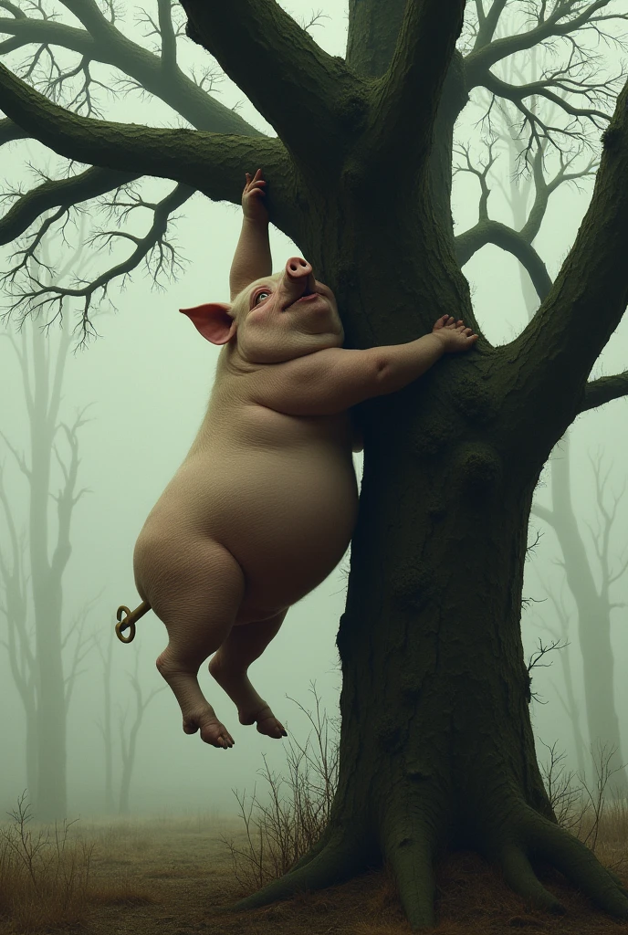 A pig hanging from a tree cutting it