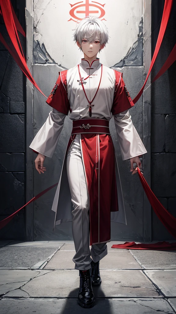 a Korean priest man with short messy white hair with black highlights, gray eyes, piercing look, strong body tattoos, dark cement wall background, with red lettering a drawing of a ,wearing a red and black knee-length tunic and wide clerical, It's with your hands together praying looking up, facing to the side ,manhwa oc anime panel