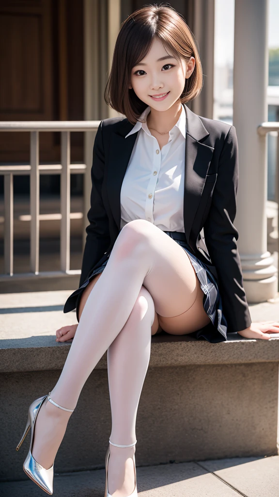 Pure young Japanese girl, natural body, beautiful legs, sitting, formal makeup, natural hair style, sexual attractive, shiny white skin, wearing formal jacket and blouse and long skirt, shiny white tights, high heels, sweet smile, sweet temptation, soft sunlight, professional portrait photography,