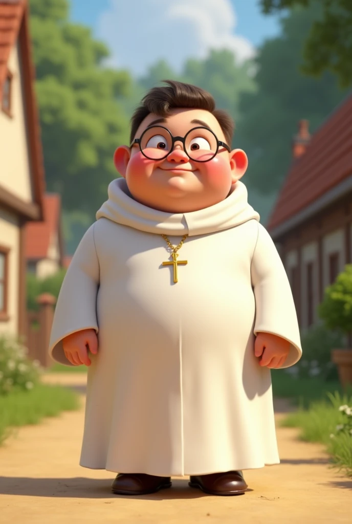Priest dressed in white robe, young, chubby, glasses. Disney Pixar style