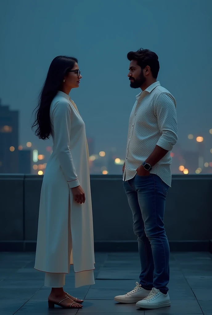 A woman and a men are talking on the rooftop at night, the women is wearing a white Indian traditional suit and glasses, the men is wearing a white printed shirt, jeans and white shoes. And smart watch.