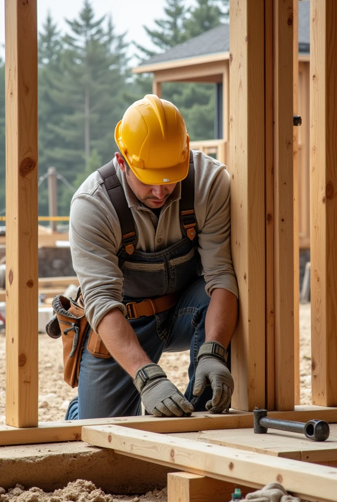 "Create a detailed and dynamic image of a man actively constructing a house. Show the man engaged in the building process, perhaps measuring, hammering, or fitting pieces of wood or other materials. The scene should depict a partially constructed house with visible framing, wooden beams, and construction tools. The man should be portrayed with focused determination and wearing typical construction attire, such as a hard hat, work gloves, and a tool belt. The background can include construction equipment like scaffolding and piles of building materials. Use natural daylight and a color palette of earthy tones to convey the industrious and hands-on nature of the construction work, highlighting the progress and effort involved in creating a home."













