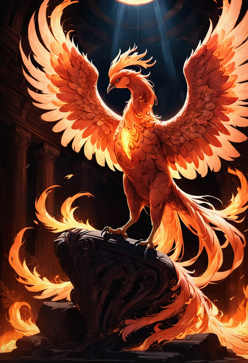 Phoenix, a majestic phoenix, detailed feathers, dramatic lighting, vibrant colors, 8k, highly detailed, intricate texture, glowing embers, sweeping wings, mythical creature, fantasy art, dramatic pose, fiery atmosphere, cinematic composition, masterpiece, best quality, very aesthetic, absurdres