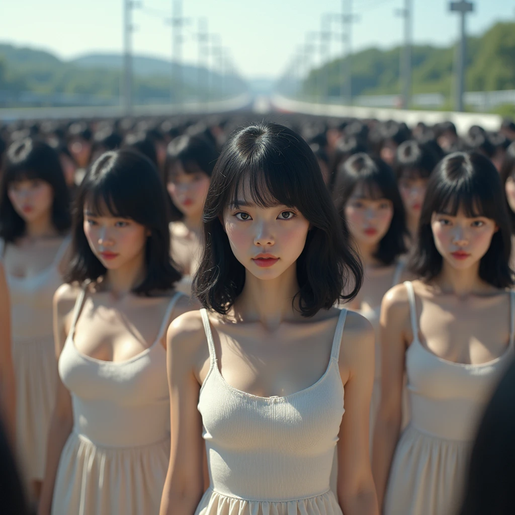 (((((Japanese Clone girls=Myself)))))), (((Best Super High quality Myself Clone girls Raw Photography Art))), (16K, Highest quality, Ultra-high resolution, RAW Photos), (((It's so unrealistic., With unparalleled depiction, With an unfathomable sight, An unprecedented and shocking worldview, Clone girls in a world of mass reproduction, Ultra-realistic))), (((Japanese, woman, 24yo, Ishihara Satomi))), (Small face, ((Thick black hair, Semi-long hair))), ((V-neck short-sleeve dress)), (((((Very detailed美しい女体, Accurate body structure, Very detailed完璧な, Super busty body with very large breasts, Clearly emphasizes cleavage))))), (((Dark Eyes, Mature face, Cute Smile, A gentle gaze))), (((Very happy laughter is beautiful))), ((((((((Very detailed分身増殖描写, ((1girl→Myself cloning→1,000,000,000,000,000,000,000,000,000,000,000,000,000,000,000,000,000,000,000,000Myself Clone girls)))))))))), ((((((((Very detailed, The precise depiction of the proliferation of Myself Clone girls, ((With the perfectly identical bodies of Myself clone girls, With the exact same face as the Myself clone girls, With the exact same hairstyle as the Myself clone girls, In the exact same clothes as the girls who are my clones, Perfectly the same height as the Myself clone girls, Super big breasts, just like the Myself clone girls)))))))))), (((Myself clone girls only))), (((Multiple pairs, Very detailed depiction, (Myself clone girls hug each other, Myself clone girls assemble, Fun conversations with fellow Myself clone girls, A fun conversation between Myself clone girls, Myself clone girls holding hands, Walking with lots of Myself clone girls)))), (((Everyone looks at the camera))), (((Unbelievably crowded, Transcendent Myself clone girls intimately, Countless Myself clone girls surround you in 360 degrees))), (Bright, soft sunlight), (((Very wide field of view, Very detailed, Detailed ultra-perspective depiction with clear depth, wide view))), (((((Landscape with a curved slope))))), (((Very photographic and detailed depiction, Myself clone girls will multiply infinitely and fill the surroundings from one side to the horizon with their bodies tightly packed together without any gaps., A scene of endless Myself clone girls and a fun atmosphere))), (Focus on the average value of the image)