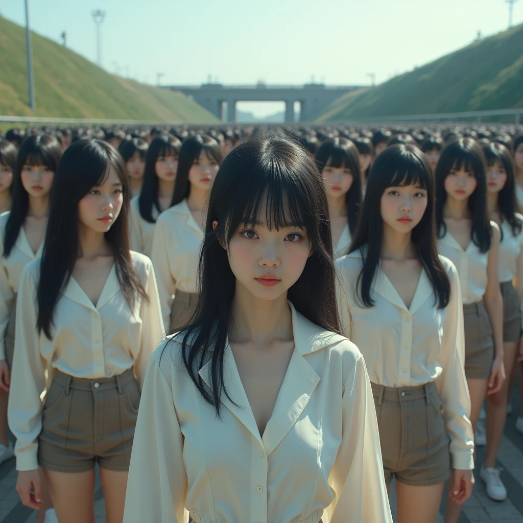 (((((Japanese Clone girls=Myself)))))), (((Best Super High quality Myself Clone girls Raw Photography Art))), (16K, Highest quality, Ultra-high resolution, RAW Photos), (((It's so unrealistic., With unparalleled depiction, With an unfathomable sight, An unprecedented and shocking worldview, Clone girls in a world of mass reproduction, Ultra-realistic))), (((Japanese, woman, 20yo, Saito-Asuka))), (Small face, ((Thick black hair, Semi-long hair))), ((V-neck short-sleeve dress)), (((((Very detailed美しい女体, Accurate body structure, Very detailed完璧な, Super busty body with very large breasts, Clearly emphasizes cleavage))))), (((Dark Eyes, Mature face, Cute Smile, A gentle gaze))), (((Her happy and smiling expression is so cute))), ((((((((Very detailed分身増殖描写, ((1girl→Myself cloning→1,000,000,000,000,000,000,000,000,000,000,000,000,000,000,000,000,000,000,000,000Myself Clone girls)))))))))), ((((((((Very detailed, The precise depiction of the proliferation of Myself Clone girls, ((With the perfectly identical bodies of Myself clone girls, With the exact same face as the Myself clone girls, With the exact same hairstyle as the Myself clone girls, In the exact same clothes as the girls who are my clones, Perfectly the same height as the Myself clone girls, Super big breasts, just like the Myself clone girls)))))))))), (((Myself clone girls only))), (((Multiple pairs, Very detailed depiction, (Myself clone girls hug each other, Myself clone girls assemble, Fun conversations with fellow Myself clone girls, A fun conversation between Myself clone girls, Myself clone girls holding hands, Walking with lots of Myself clone girls, Turn around, Look at me)))), (((Everyone looks at the camera))), (((Unbelievably crowded, Transcendent Myself clone girls intimately, Countless Myself clone girls surround you in 360 degrees))), (Bright, soft sunlight), (((Very wide field of view, Very detailed, Detailed ultra-perspective depiction with clear depth, super wide view))), (((((Junction with a curved slope))))), (((Very photographic and detailed depiction, Myself clone girls will multiply infinitely and fill the surroundings from one side to the horizon with their bodies tightly packed together without any gaps., A scene of endless Myself clone girls and a fun atmosphere))), (Focus on the average value of the image)