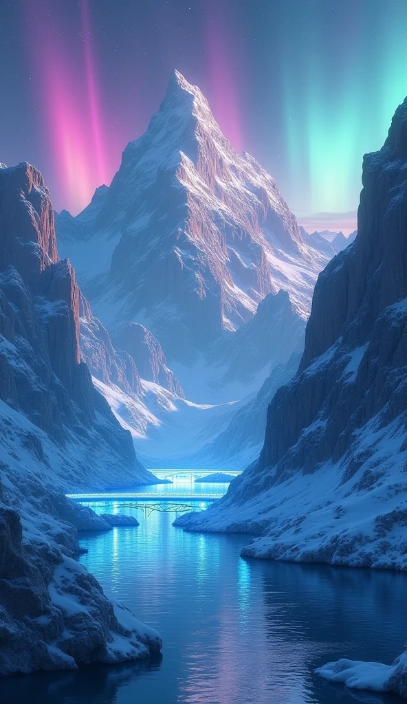 Visualisez une chaîne de montagnes flottantes, lévitant au-dessus d’un océan calme et translucide. Des aurores boréales dansent à travers le ciel nocturne, projetant des vagues de couleurs chatoyantes qui se reflètent dans l'eau. Chaque sommet est couronné de glace brillante, comme si les étoiles s’étaient posées au sommet de chaque pic. Des ponts de lumière relient les montagnes, invitant à un voyage vers l'inconnu.