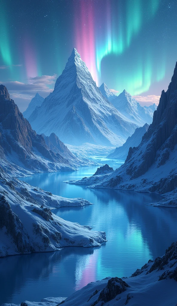 Visualisez une chaîne de montagnes flottantes, lévitant au-dessus d’un océan calme et translucide. Des aurores boréales dansent à travers le ciel nocturne, projetant des vagues de couleurs chatoyantes qui se reflètent dans l'eau. Chaque sommet est couronné de glace brillante, comme si les étoiles s’étaient posées au sommet de chaque pic. Des ponts de lumière relient les montagnes, invitant à un voyage vers l'inconnu.