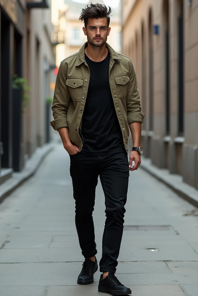 Homem magro com look: black tee, casual khaki jacket, black pants and black sneakers